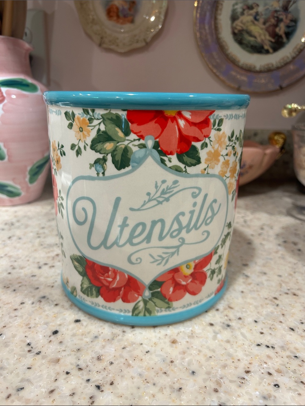 The Pioneer Woman Floral Utensils Crock in Turquoise and Red